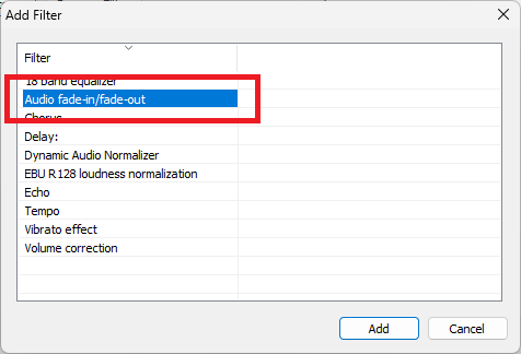 Add Audio fade-in/fade-out Filter