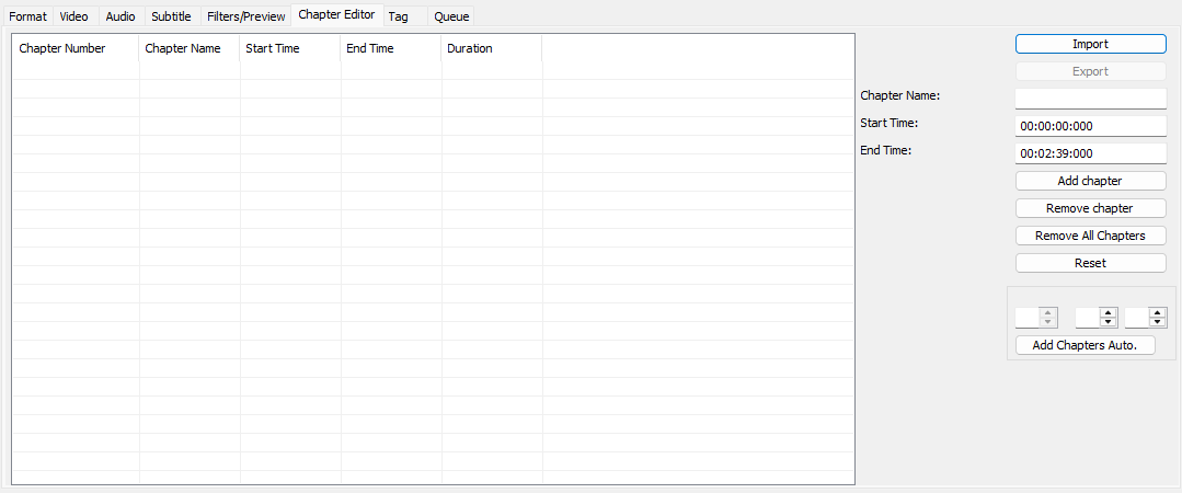 XMedia Recode: Chapter Editor tab