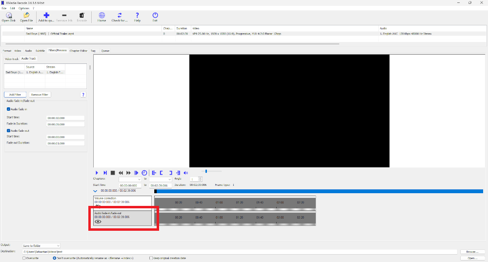 Audio fade-in/fade-out Filter settings