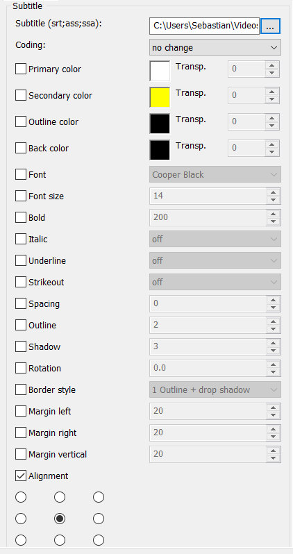 Hardcode subtitles settings