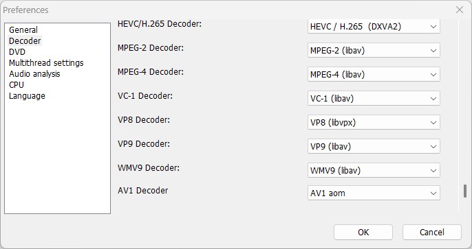 specify hardware or software decoders