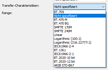 AV1-Codec Transfer-Charakteristik Einstellungen