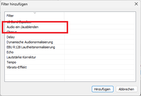 Audio-Ein-/Ausblenden Filter hinzufügen