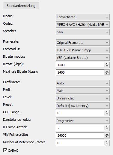 Nvidia NVENC H.264 Codec Einstellungen