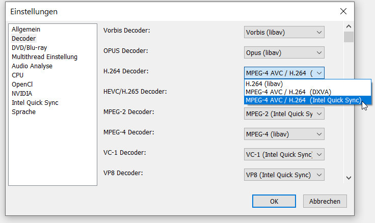 Intel Quick Sync MPEG-4 AVC / H264 Decoder festlegen