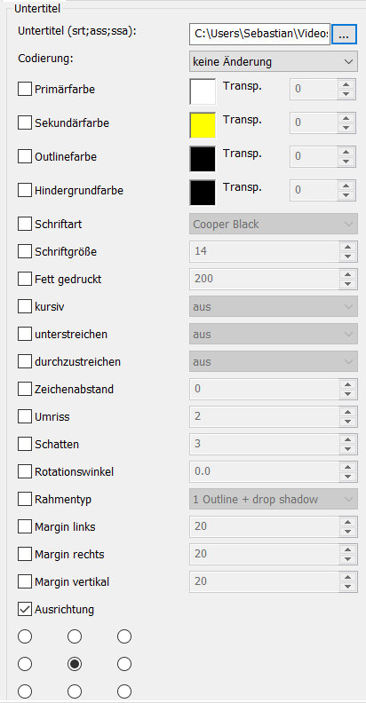 Einstellungen von Untertitel rendern