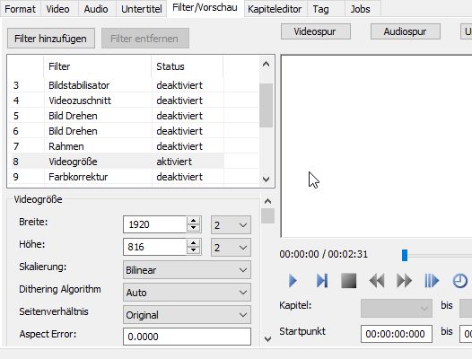 Registerkarte Filter/Vorschau