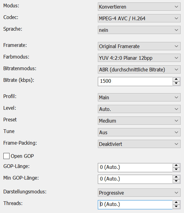 H.264 Codec Einstellungen