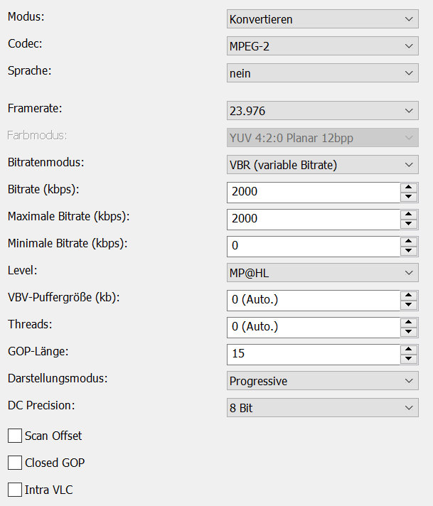 MPEG 2 - Codec Einstellungen