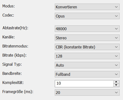 Opus Codec Einstellungen