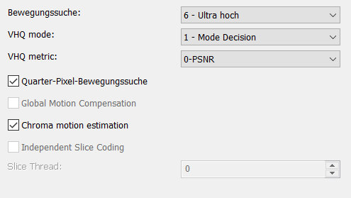 XviD Code Einstellungen der Bewegungsschätzung