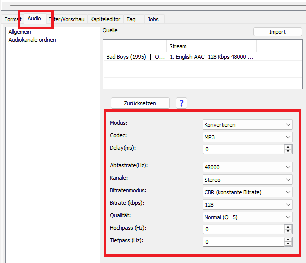 MP3 Format auswählen