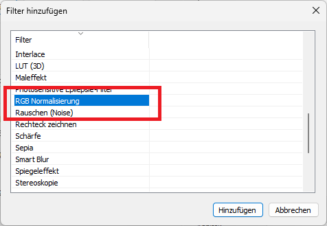 RGB normalisieren Filter hinzufügen