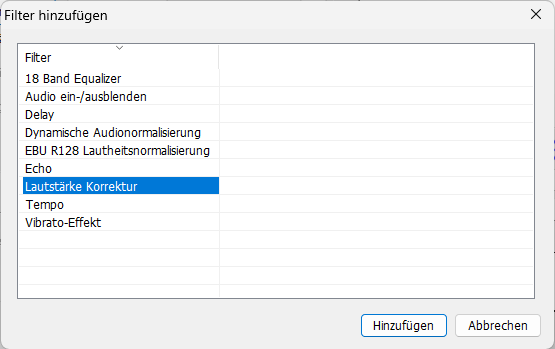 Lautstärke-Korrektur Filter hinzufügen